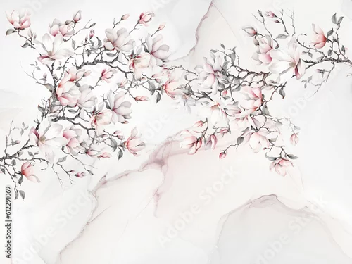 Obraz Blooming magnolia on tha abstract background. Illustration for wallpaper, photo wallpaper, mural, card, postcard, painting. Design in the loft, modern style.