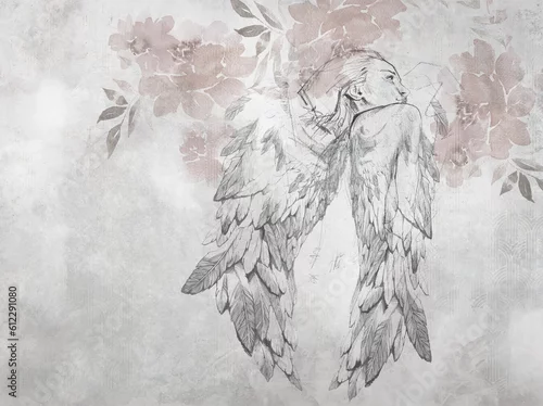 Obraz Angel wings - photo wallpaper with floral abstract elements on concrete background. Illustration for wallpaper, fresco, mural. Modern, loft style.
