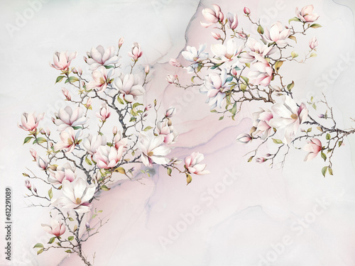 Blooming magnolia on tha abstract background. Illustration for wallpaper, photo wallpaper, mural, card, postcard, painting. Design in the loft, modern style. photo