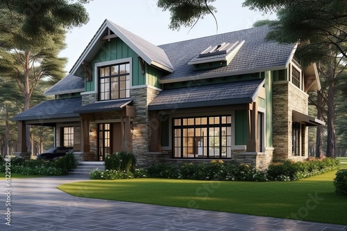 Innovative Design and Natural Stone Accents Enhance Splendid Fresh Construction House with Double Garage and Light Green Siding  generative AI