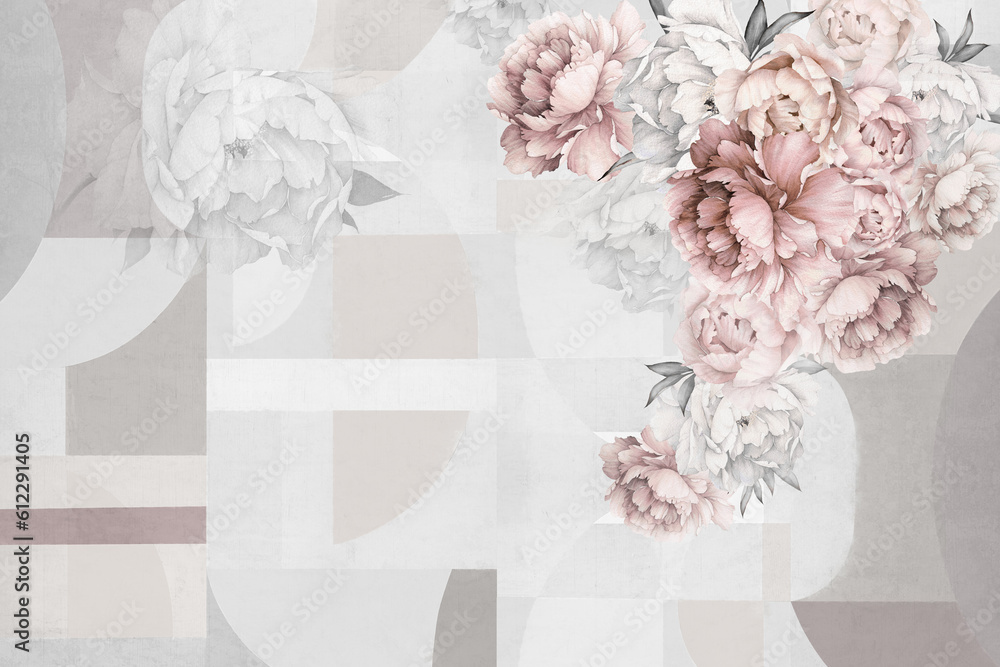 custom made wallpaper toronto digitalBeautiful 3D watercolour peonies in rose color with geometrical background. llustration for wallpaper, mural, card, poster, interior decoration.