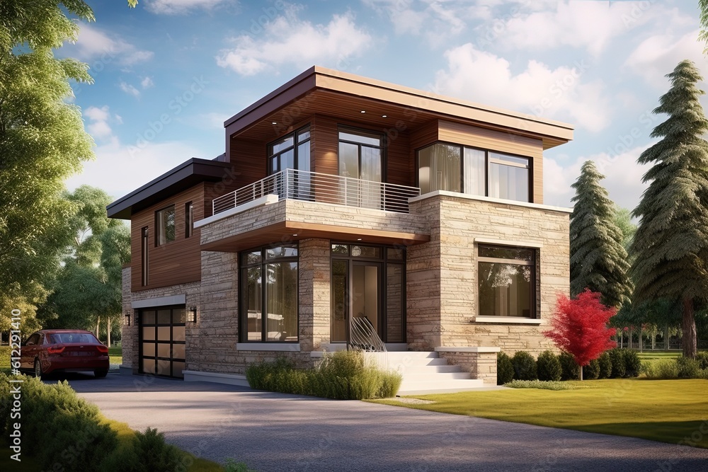 Burgundy Siding and Natural Stone Cladding: Innovatively Laid Out Single Car Garage Dwelling, generative AI