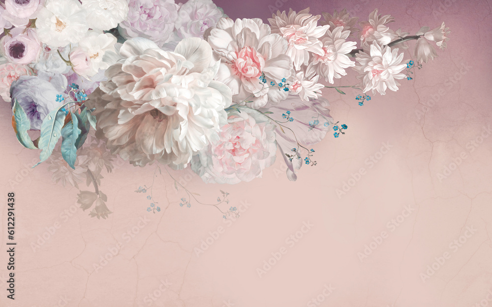 Spectacular 3D oil painting flowers on the light pink wall background. Illustration for wallpaper, wedding invitation, card, poster, decoration. - obrazy, fototapety, plakaty 