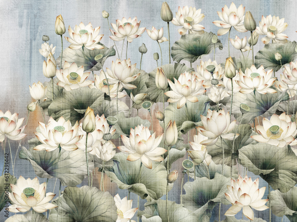 Fototapeta Lotus flowers and leaves. Texture of white concrete or cement wall for background. Illustration for wallpaper, mural, poster, card.