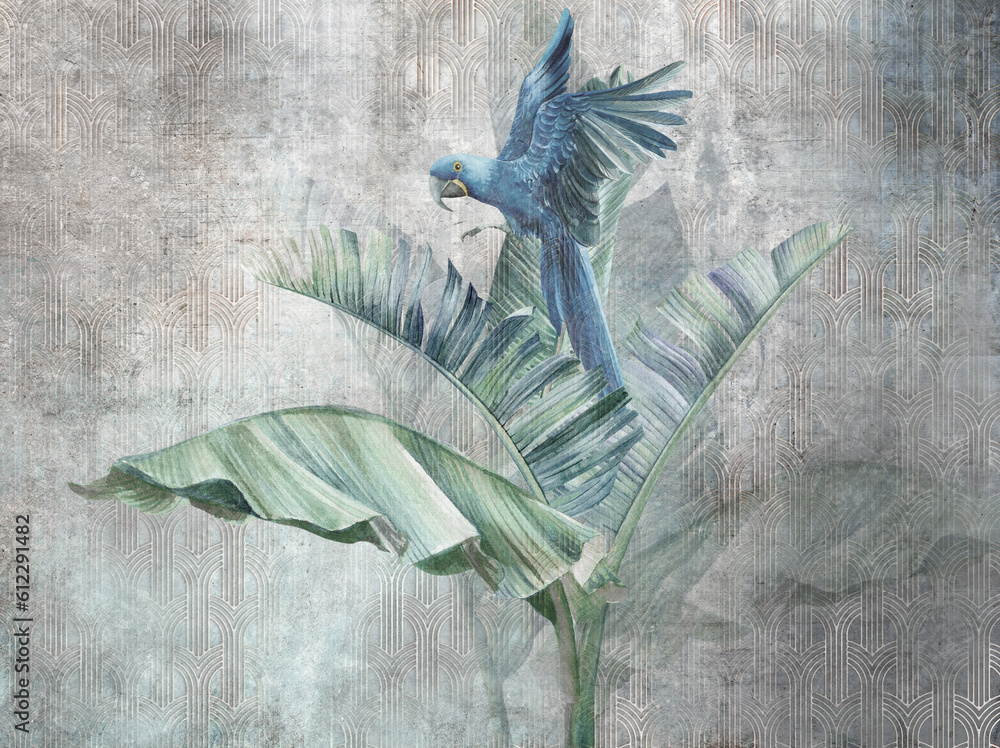 Parrot on big banana leaves. Grunge photo wallpaper with abstract elements on concrete background. Illustration for wallpaper, fresco, mural, poster, card. - obrazy, fototapety, plakaty 