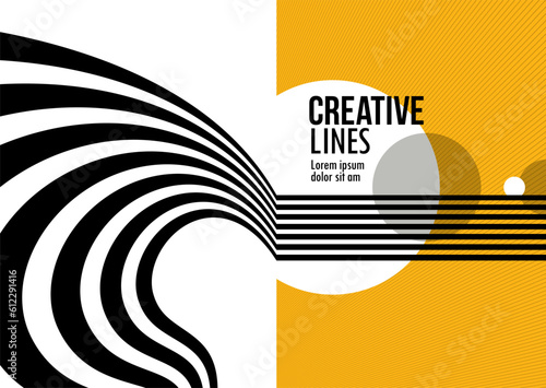 3D black and yellow lines in perspective abstract vector background, linear perspective illustration op art.