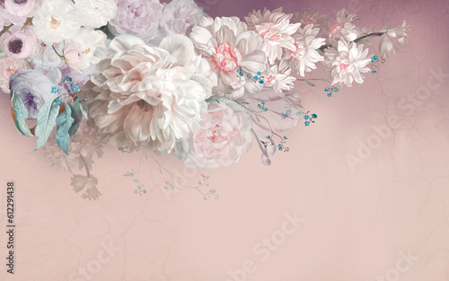 Spectacular 3D oil painting flowers on the light pink wall background. Illustration for wallpaper, wedding invitation, card, poster, decoration.