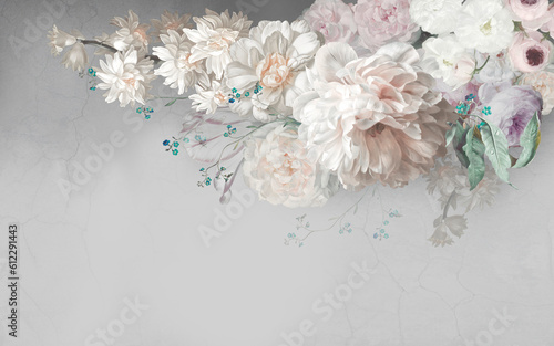Spectacular 3D oil painting flowers on the light grey wall background. Illustration for wallpaper, wedding invitation, card, poster, decoration.