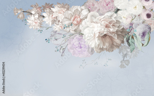 Spectacular 3D oil painting flowers on the light blue wall background. Illustration for wallpaper, wedding invitation, card, poster, decoration.