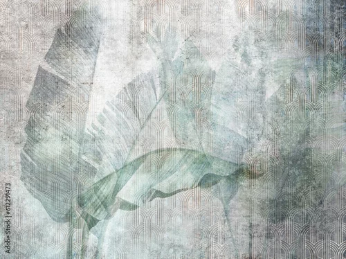 Obraz Big banana leaves. Grunge photo wallpaper with golden abstract elements on concrete background. Illustration for wallpaper, fresco, mural.