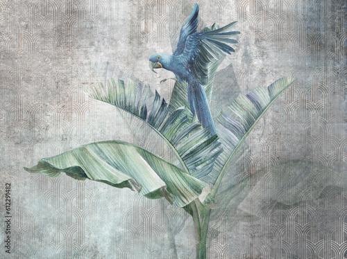 Parrot on big banana leaves. Grunge photo wallpaper with abstract elements on concrete background. Illustration for wallpaper, fresco, mural, poster, card.