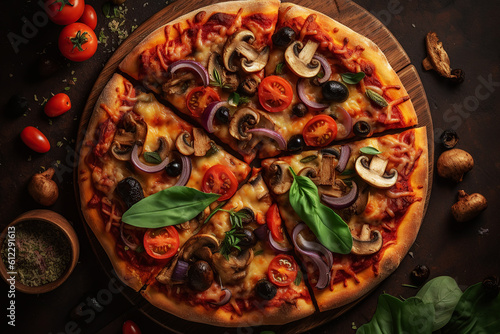 Super healthy vegan pizza with chopped vegetables and mushrooms. Generative AI illustration.