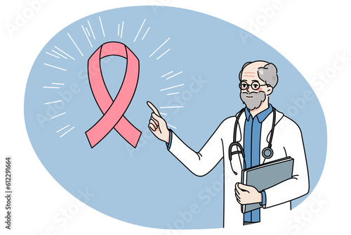 Old male doctor in white medical uniform point at pink ribbon raise awareness of oncology. Man oncologist talk about cancer and treatment. Healthcare and medicine. Vector illustration.