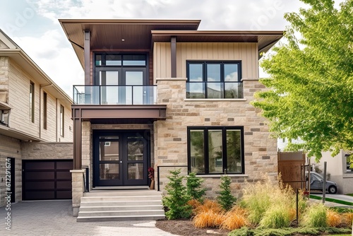 Innovative Layout and Natural Stone Cladding Highlight Striking New Development Dwelling with Single Car Garage and Beige Siding, generative AI
