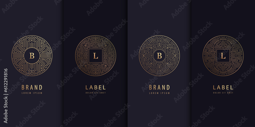 Vetor de Vector set of golden label design patterns. Circle art deco ...