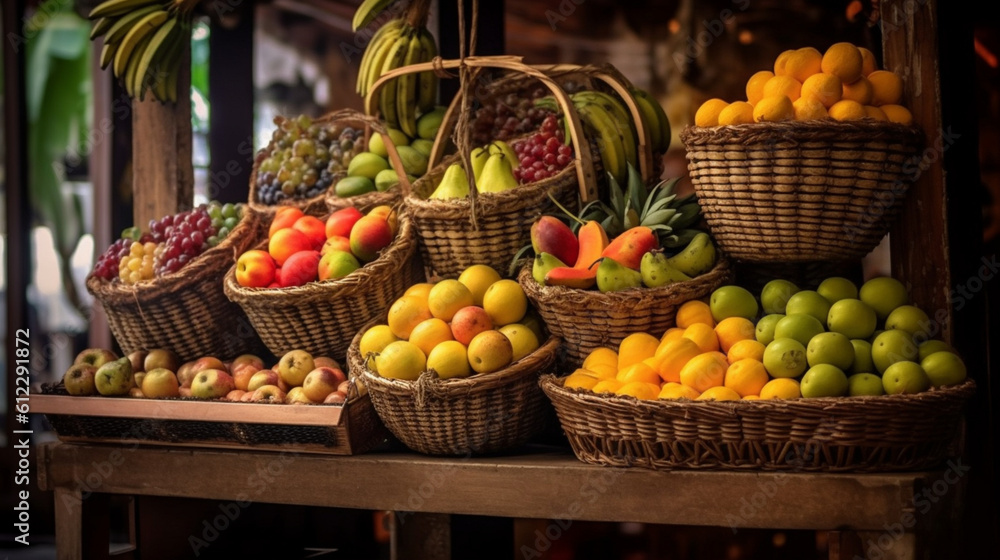 市場の棚に並んだ果物とカゴの中の果物GenerativeAI