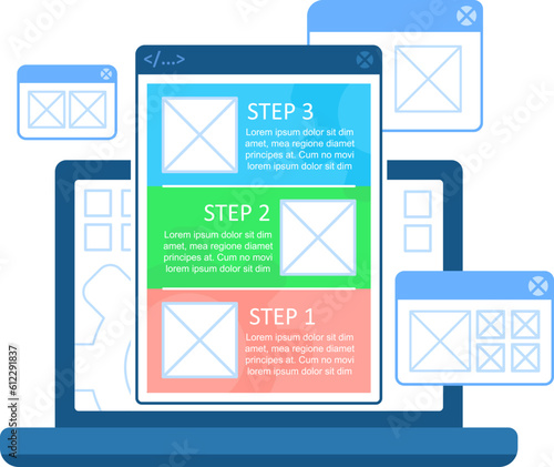 Create website interface infographic chart design template. Develop site. Abstract vector infochart with blank copy spaces. Instructional graphics with 3 step sequence. Visual data presentation
