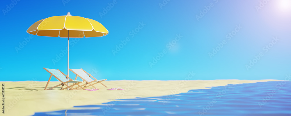 Theme concept, time to relax. Chaise lounge with umbrella on the sandy shore. Summer concept. Vacation time. Vacation on the beach. 3d render.