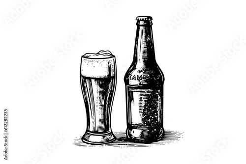Glass of beer with bottle of beer isolated on white background, hand-drawing sketch. Vector vintage engraved illustration.