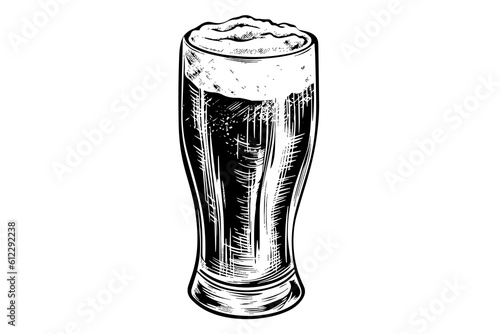 Glass of beer engraving style. Hand drawn black color vintage vector illustration.