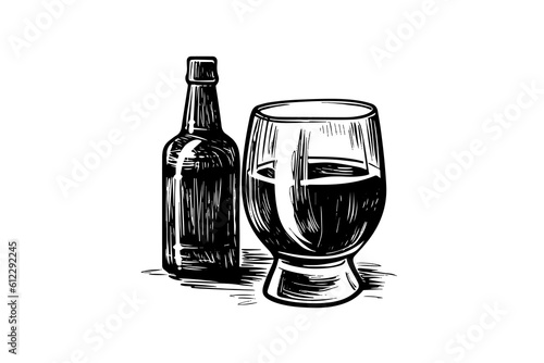 Glass of beer with bottle of beer isolated on white background, hand-drawing sketch. Vector vintage engraved illustration.