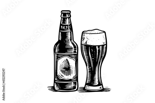 Glass of beer with bottle of beer isolated on white background, hand-drawing sketch. Vector vintage engraved illustration.