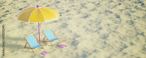 Theme concept  time to relax. Chaise lounge with umbrella on the sandy shore. Summer concept. Vacation time. Vacation on the beach. 3d render.