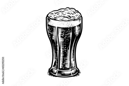 Glass of beer engraving style. Hand drawn black color vintage vector illustration.