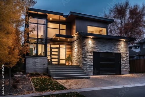 Sleek Architecture Meets Sumptuous Features: Brand New Residence with Natural Stone Entrance, Dark Green Siding, and Single Car Garage, generative AI