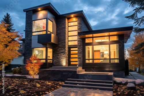 Sumptuous New Home with Sleek Architecture and Natural Stone Entrance featuring Navy Blue Siding and Single Car Garage, generative AI