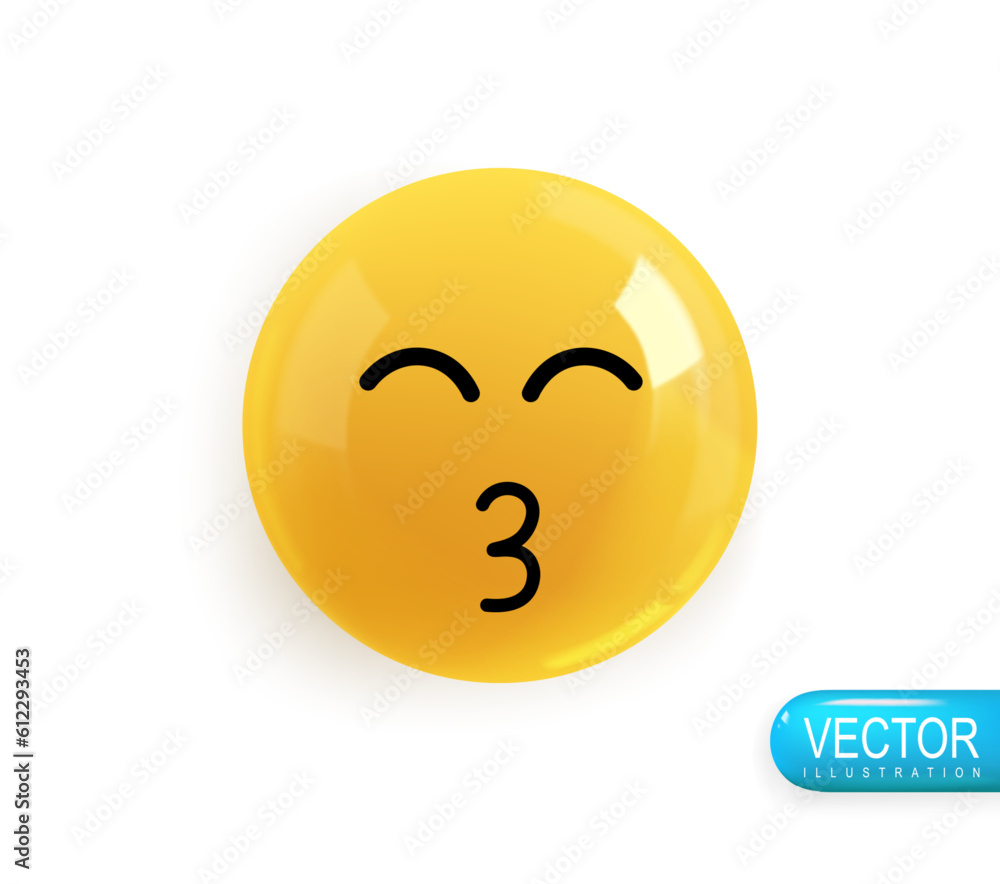 Fototapeta premium Emoji face kiss. Realistic 3d design. Emoticon yellow glossy color. Icon in plastic cartoon style isolated on white background. Vector illustration