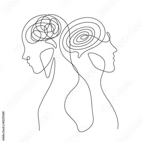 bipolar disorders two human brains two personality in continuous line drawing