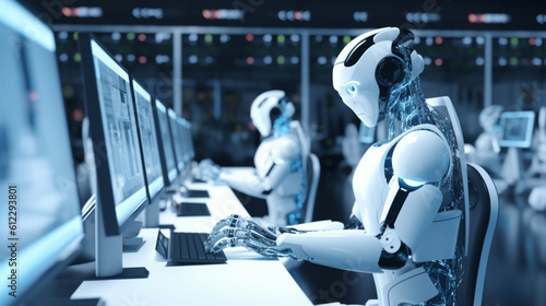 白いAiロボットは、コンピュータが動作しているクリーンのモニタ上で考え、見て、ハイテク人工知能ロボットコンセプトGenerativeAI