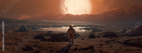 one astronaut in a spacesuit on another planet banner poster planet moon mars in space on a dark background cinematic photo space for text copy space generative ai