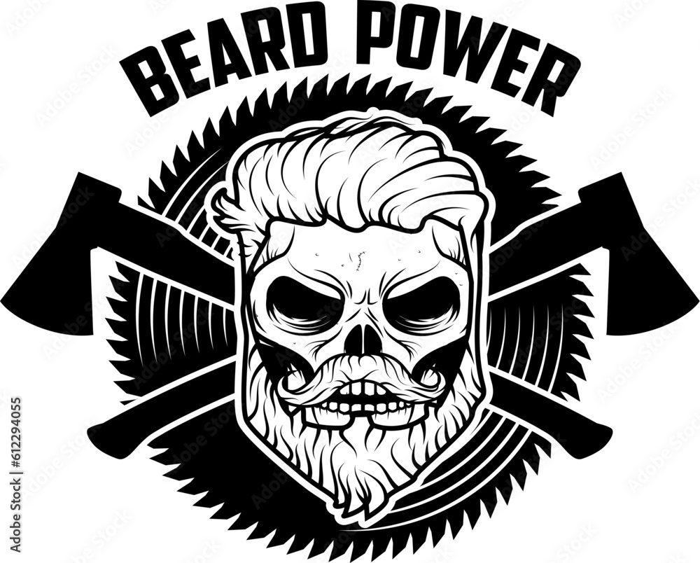 beard power. Skull with beard and two axes. Vector illustration.