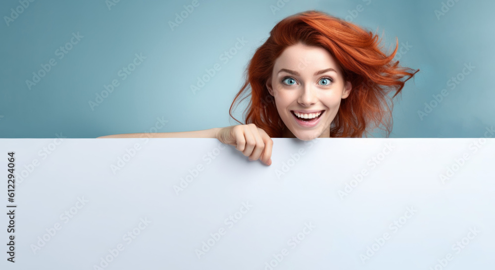 ultra realistic photo of promotional banner of joyful redhead young girl on plain plain background generative ai ultra realistic photo of promotional banner of joyful redhead young girl on plain plain background generative ai