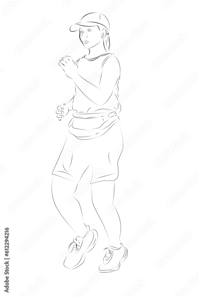 woman warming up run runner, simple vector hand draw outline sketch, isolated on white
