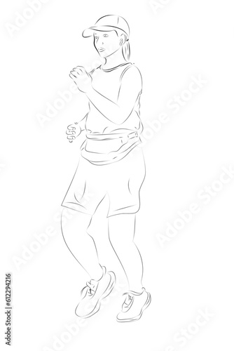 woman warming up run runner, simple vector hand draw outline sketch, isolated on white

