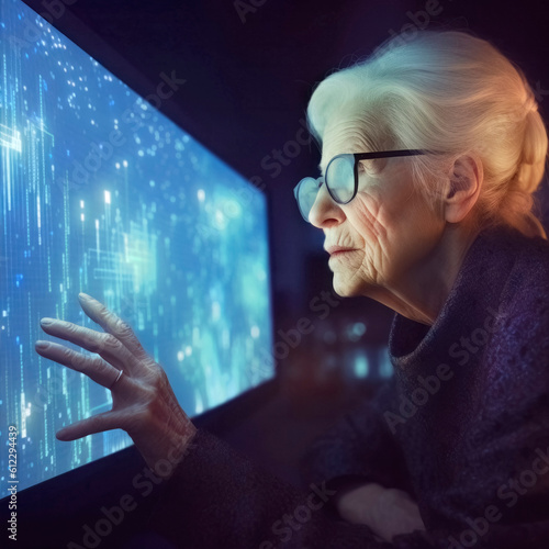 elderly woman working with computer, generative ai