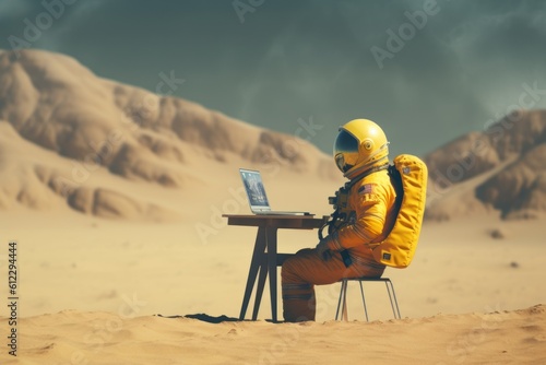 Photo banner in a yellow spacesuit on a sunny day technology internet astronaut on the