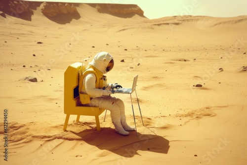 banner in a yellow spacesuit on a sunny day technology internet astronaut on the planet mars works at a computer internet development concept generative ai