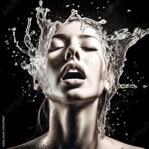 woman with splashing water in her face, generative ai
