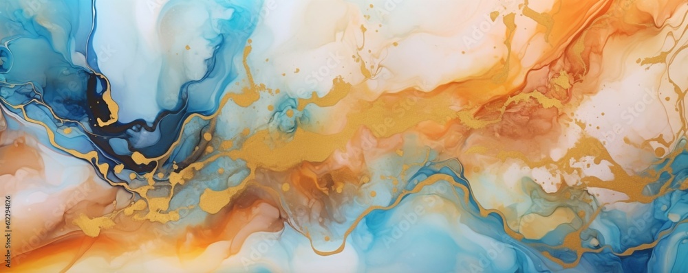 Fototapeta premium Natural luxury abstract fluid art painting in alcohol ink technique with golden swirls. Created with Generative AI technology 