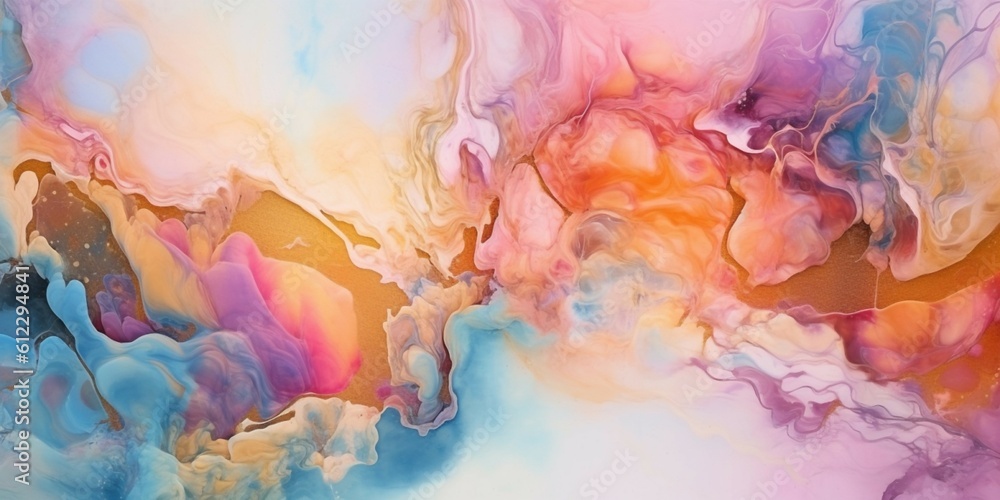 Natural luxury abstract fluid art painting in alcohol ink technique with golden swirls. Created with Generative AI technology	
