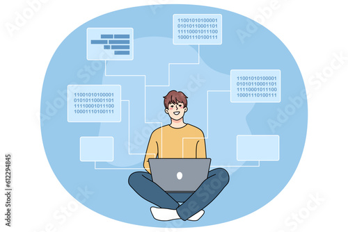 Smiling male software engineer working on computer writing codes and programs. Happy man programmer or backend developer busy on laptop, programming, creating scripts. Vector illustration.