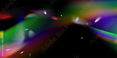Overlay rainbow effect, prism crystal light refraction. Lens flare, glass, jewelry or gem stone blurred reflection glare, optical physics effect on black background