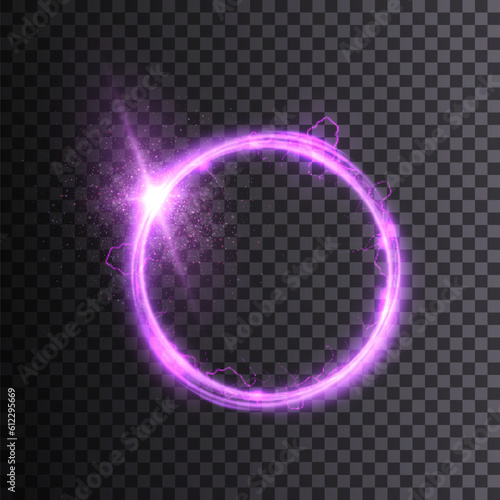 Round frame with light effect. Energy flow tunnel. Purple portal with light distortion. Magic circle vector.