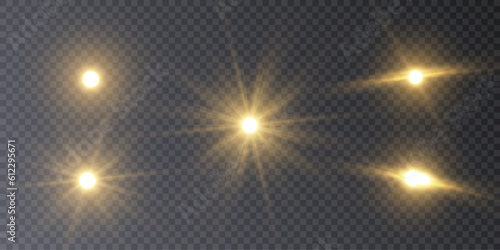 Set of light effects. A flash of warm light, a star on a transparent background. Sun, summer. light sunlight. Vector 