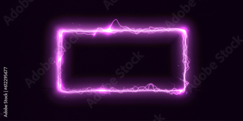Rectangular frame with light effect. Energy flow tunnel. Purple portal with light distortion. With place for text.