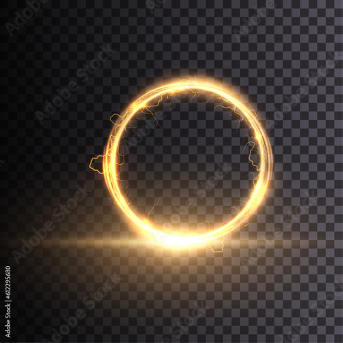 Golden circle with light distortion. Magic circle vector. Round frame with light effect. Abstract ring background with glowing swirling background. Energy flow tunnel.